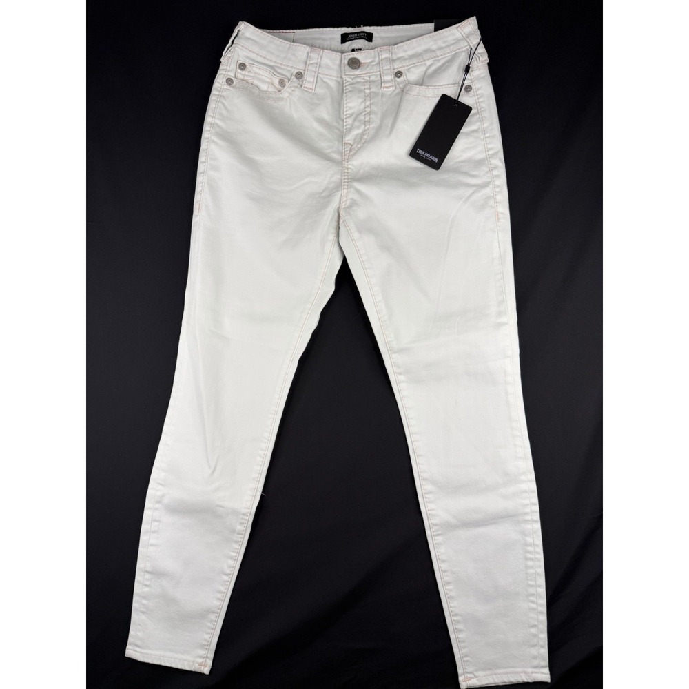 True Religion Jennie Curvy Mid Rise Super Skinny Jeans White Pink Stitch 30 - Picture 2 of 12